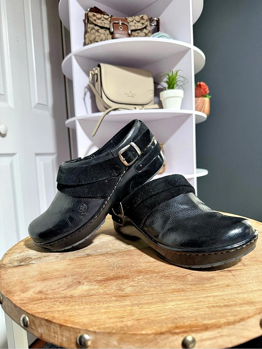 Børn Darly Black Leather Buckle Clogs Mary Jane Mules Women’s 7